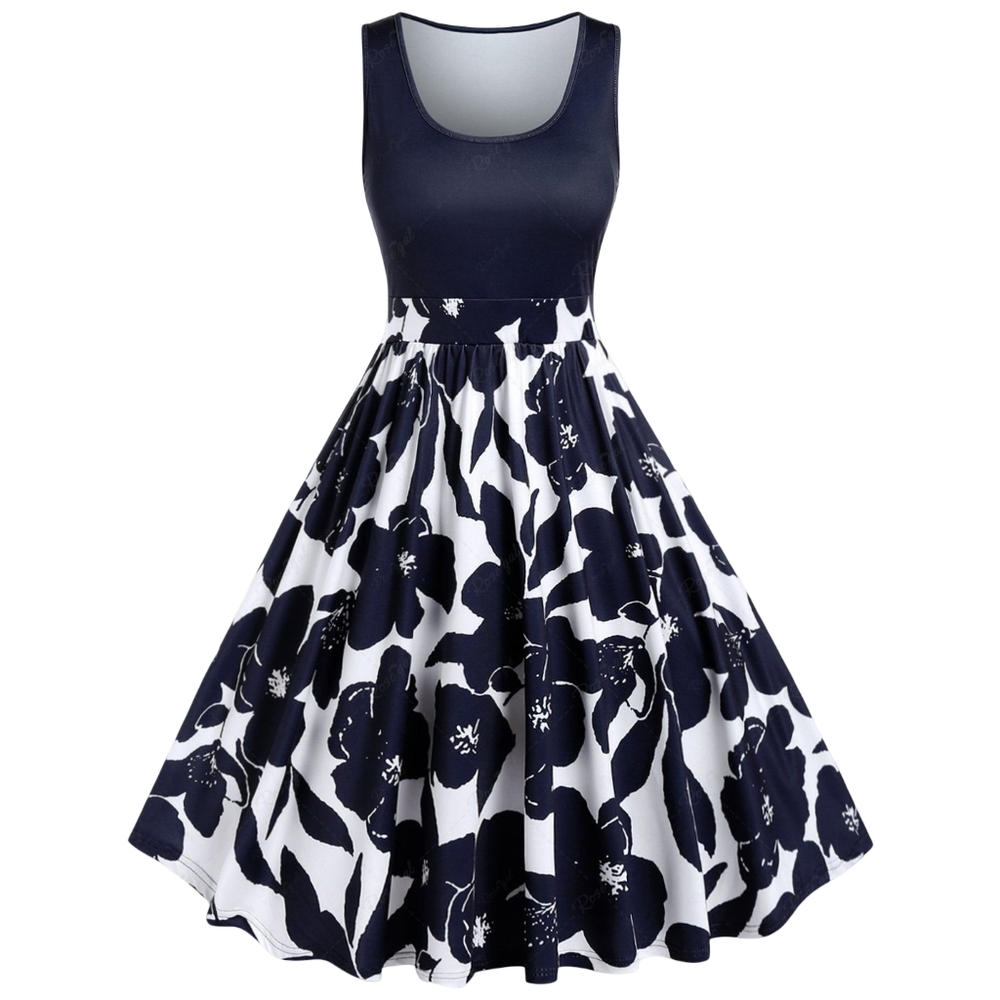Rosegal Plus Size Black & White Vintage Flower Print Fit & Flare Dress